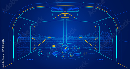 concept of aerospace technology or simulator, graphic of inside of cockpit presented with futuristic interface