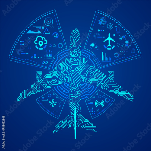concept of digital twin or aviation technology, graphic of airplane shape combined with electronic pattern and futuristic element