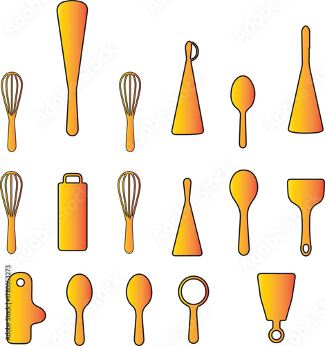 An Assortment of Kitchen Utensils Featuring Whisks Spatulas and Serving Spoons