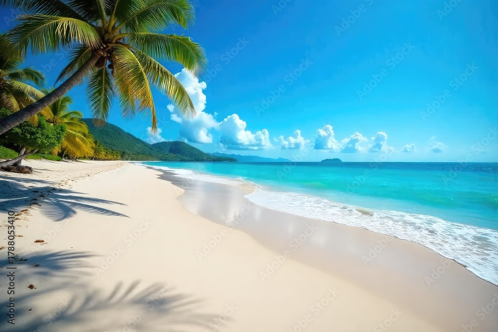 Obraz premium Endless horizon of pristine sandy beach, tranquil ocean waves gently lapping the shore under a clear blue sky Perfect for travel, vacation, and summer themes , calm, sand dune