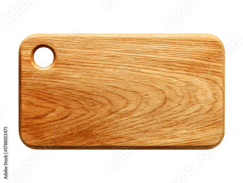 Rustic wooden cutting board with hanging hole isolated on black background