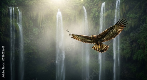 Golden eagle flying in front of a beautiful waterfall