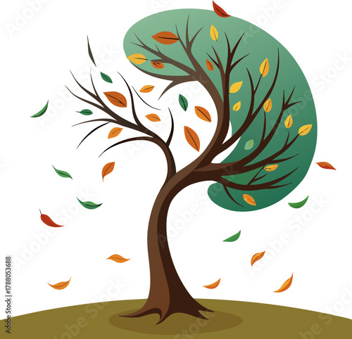 A tree losing its leaves in the wind.