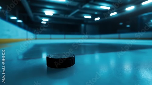Puck Perspective: A Low-Angle View of Hockey Ice Ready for the Face-Off at Arena