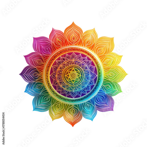 Rainbow mandala flower with intricate geometric star designs inside