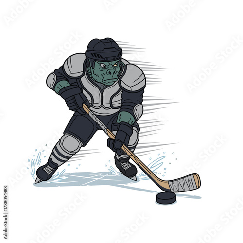Gorilla is playing with hockey puck on ice skating rink wearing ice uniform