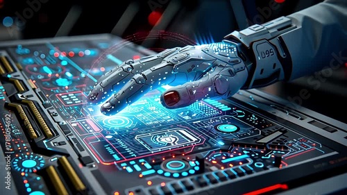 Robotic hand interacting with a futuristic interface displaying complex data and circuit patterns in a high tech environment showcasing innovation