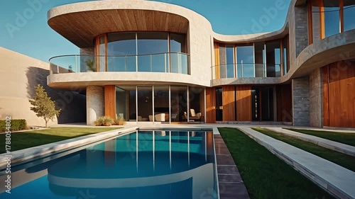 Modern luxury home with a swimming pool reflecting the architecture on a sunny day showcasing contemporary design and upscale living style