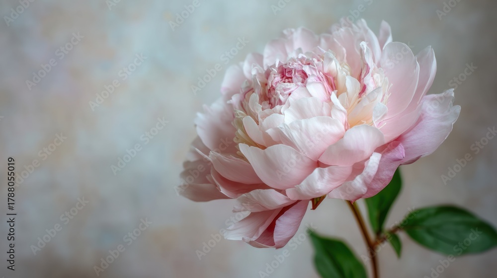 Fototapeta premium Delicate pink peony flower with soft petals and green leaves against a blurred pastel background, perfect for floral and nature-themed designs