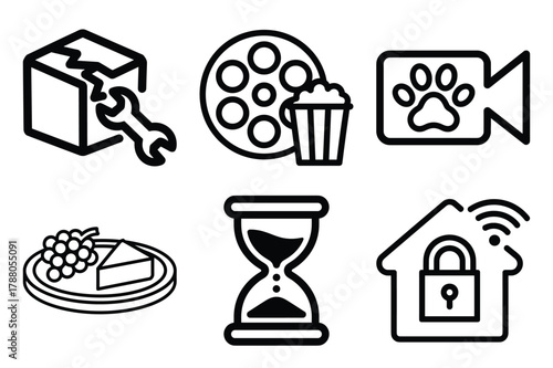 Outline icon set featuring smart home, cinema, pet camera, repair, time, and food concepts.