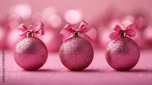 A pink, glowing Christmas tree ornament surrounded by soft, twinkling bokeh lights.	