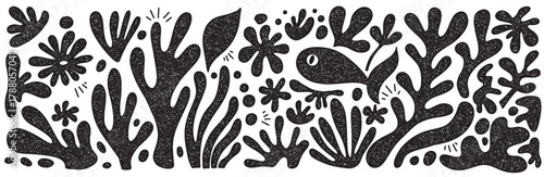 Abstract contemporary organic horizontal banner, Matisse style shapes vector grunge noise grainy texture. Black white hand drawn underwater composition. Liquid wavy trendy y2k random blobs scribble