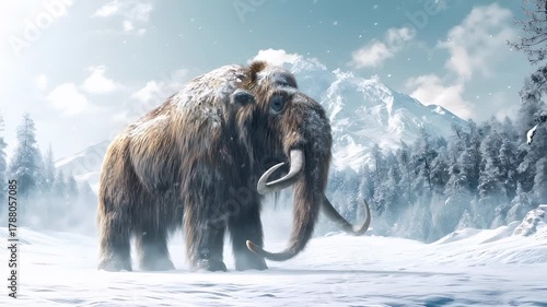 A detailed digital artwork of a woolly mammoth in a snowy landscape. The mammoth is depicted with a realistic yet slightly stylized appearance, showcasing its thick fur, curved tusks, and large.