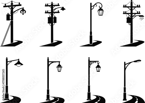 Streetlights and utility poles with transformers, crossarms, wires, lantern lamps, urban infrastructure flat vector illustration
