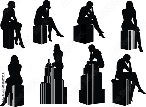 Seated thinker silhouettes, urban contemplation, reflective human figures on skyscraper blocks, city isolation flat vector