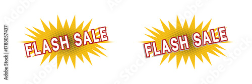Flash sale comic style burst label vector with halftone yellow background and bold red text. Perfect for discount promotion ads.