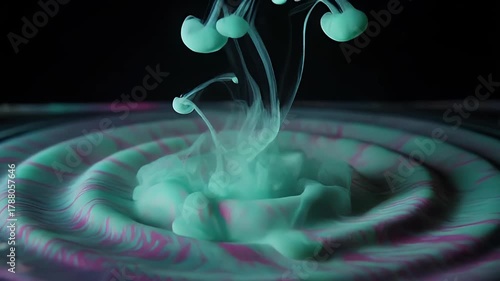 Close Up Macro Shot Of Pink And Teal Paint Droplets Splashing Into Water Creating Abstract Crown Shape In Dark Studio With High Speed Photography