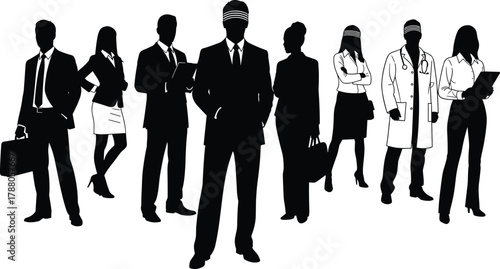 Silhouette professionals in business attire with blindfolds, justice concept, diversity careers, leadership flat vector illustration