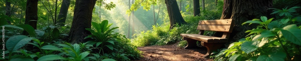 Obraz premium Serene rainforest scene featuring a rustic wooden bench nestled amongst lush vegetation, sunlight dappling through the canopy Perfect for relaxation and nature themes , tropical, nature, vibrant