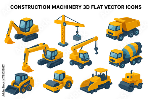 Construction Machinery 3D Flat Vector Icons Collection