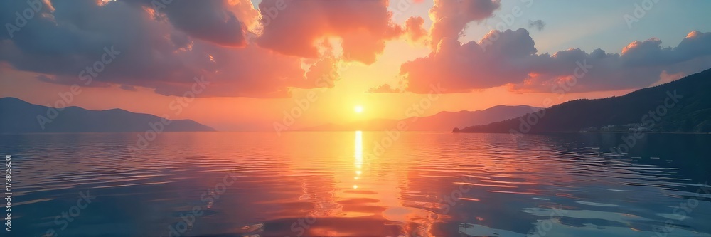 Fototapeta premium Serene sunrise over tranquil water, reflecting the peaceful promise of a hopeful new day Perfect for themes of mindfulness, inner peace, and spiritual growth , sunrise, lake