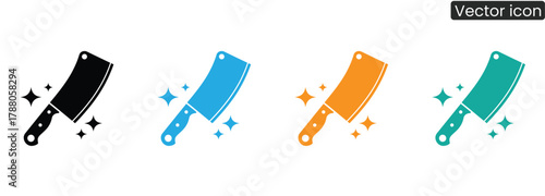 Sharp, sparkling cleaver icons in multiple colors, ideal for culinary branding, kitchen safety, or design projects demanding a clean, professional aesthetic.