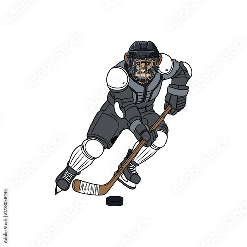 Monkey is playing with hockey puck on ice skating rink wearing ice hockey uniform