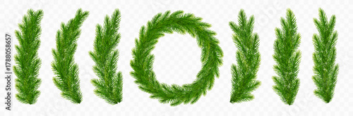 Christmas pine tree branch set realistic vector illustration on transparent background. Wreath of fir tree branches, Xmas spruce branches border. Vector illustration