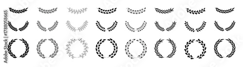 Silhouette laurel wreath and branches. Greek olive branch, champion award emblems, leaves round prizes symbols. Vector illustration black laurels wreath. Vintage heraldry branching leaf label template