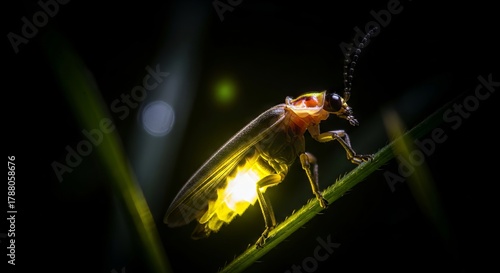 Firefly glowing in the dark forest, creating magical light trails. Bioluminescent insect symbolizing summer nights, wonder, and natural beauty.