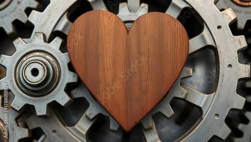 heart carved from wood between metal gears