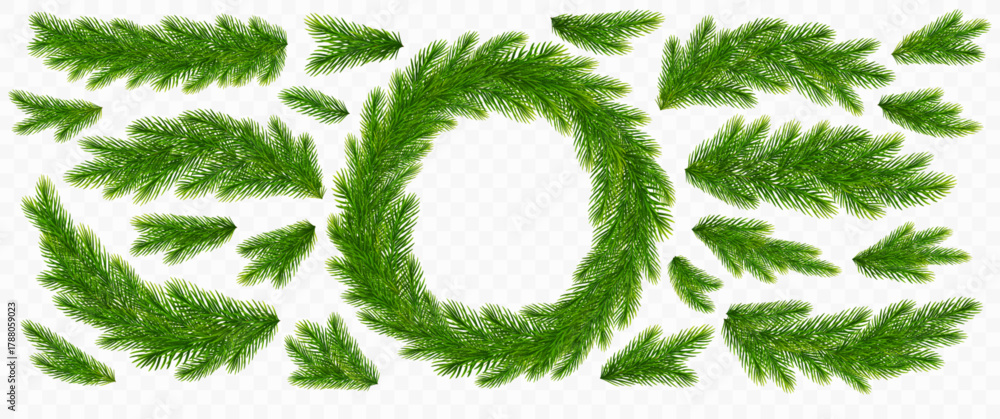 Naklejka premium Christmas wreath of fir tree. Spruce branches. Fir twigs with green needles. Realistic Christmas tree branches border isolated on transparent background for greeting New Year and Xmas cards. Vector