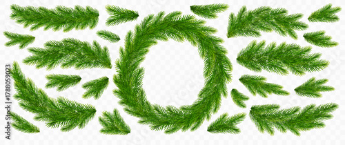Christmas wreath of fir tree. Spruce branches. Fir twigs with green needles. Realistic Christmas tree branches border isolated on transparent background for greeting New Year and Xmas cards. Vector