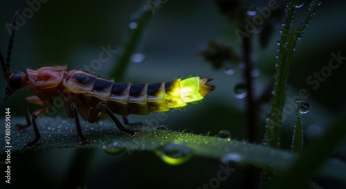 Firefly glowing in the dark forest, creating magical light trails. Bioluminescent insect symbolizing summer nights, wonder, and natural beauty.