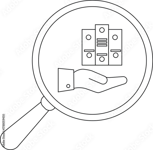 A magnifying glass focuses on a hand holding file folders