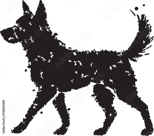 a black silhouette of a dog walking with tail up