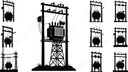 Silhouette vector illustration of electrical transformers on utility poles and towers—power distribution infrastructure, voltage system, substation layout, energy grid network