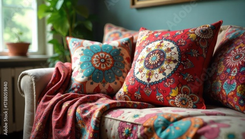 Vibrant paisley patterned cushions and throws adorn a plush, comfortable indoor space, adding a touch of bohemian elegance to the room's d?cor , interior design, pillows