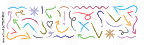 Hand drawn doodle sketch colorful style line, grunge element set. Black ink random hand drawn scribbles set. Arrow, star, lines cross, checkmark,  heart brush decoration. Vector illustration