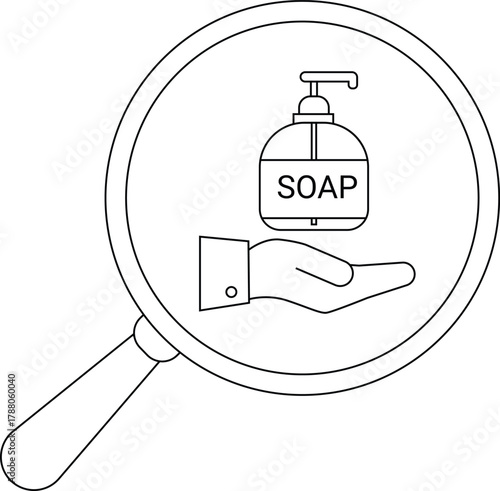 A magnifying glass focuses on a hand under a soap dispenser labeled SOAP