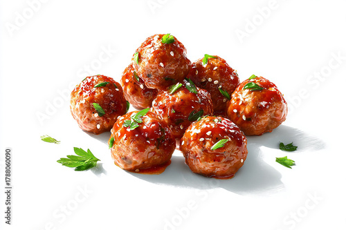Realistic turkey meatballs with savory sauce served on white background food photography