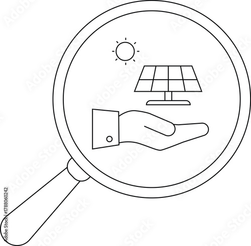 A magnifying glass frames a hand holding a solar panel under a radiant sun