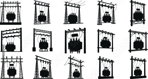 Silhouette vector illustration of electrical transformers on various support structures—power distribution infrastructure, voltage system, energy grid, substation layout, utility network
