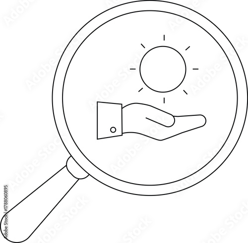 A magnifying glass reveals a hand offering the sun symbolizing scrutiny of solar energy