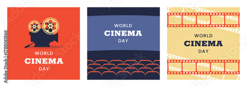 World Cinema Day square banners set. December 28. Retro colors. Minimal holiday concept. Template for background, social media post, web banner, card, poster with text inscription. Camera film