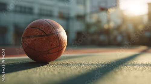 Orange basketball resting on a court during a sunny day in the park