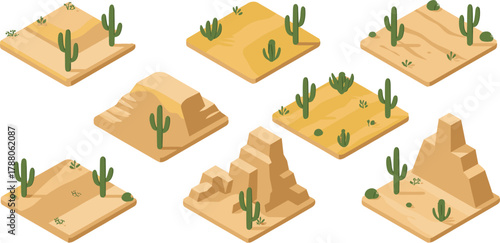 isometric desert landscape tiles set, 3d sand terrain with cactus plants, arid environment illustration, dry nature scene, minimal vector design