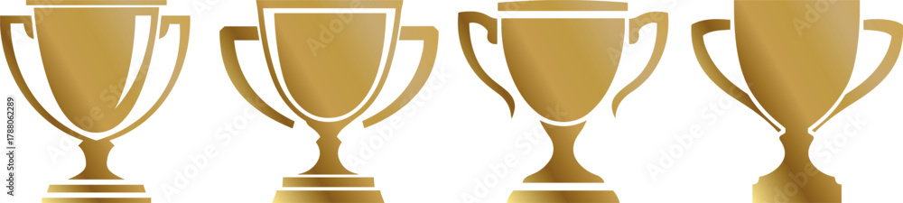 Naklejka premium Gold trophy cup set, modern flat art illustration vector, winner award, champion prize, achievement cup, victory symbol, first place cup, stylish trophy icon, sports competition, winning concept
