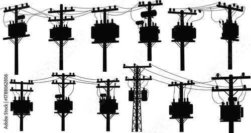 Silhouette vector illustration of electrical utility poles and transmission towers with transformers, wires, insulators—power grid infrastructure, voltage system, energy network