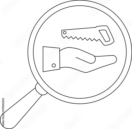 Magnifying glass over a hand holding a saw Focus is on the tools and hand in the circular magnifier